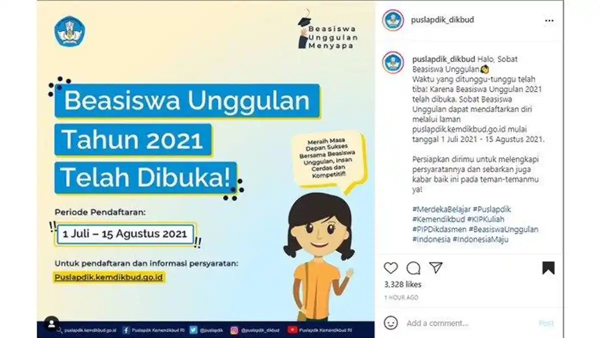 Pendaftaran Beasiswa Unggulan 2021 Telah Dibuka, Cek Persyaratan di puslapdik.kemdikbud.go.id