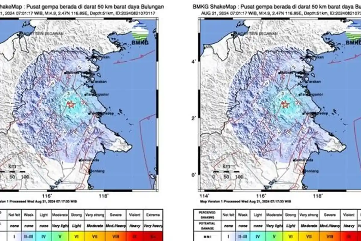 Gempa Magnitudo 4.9 di Bulungan, Pusat Gempa 2 Menit Lalu di Kaltara, Dirasakan hingga Tanjung Selor