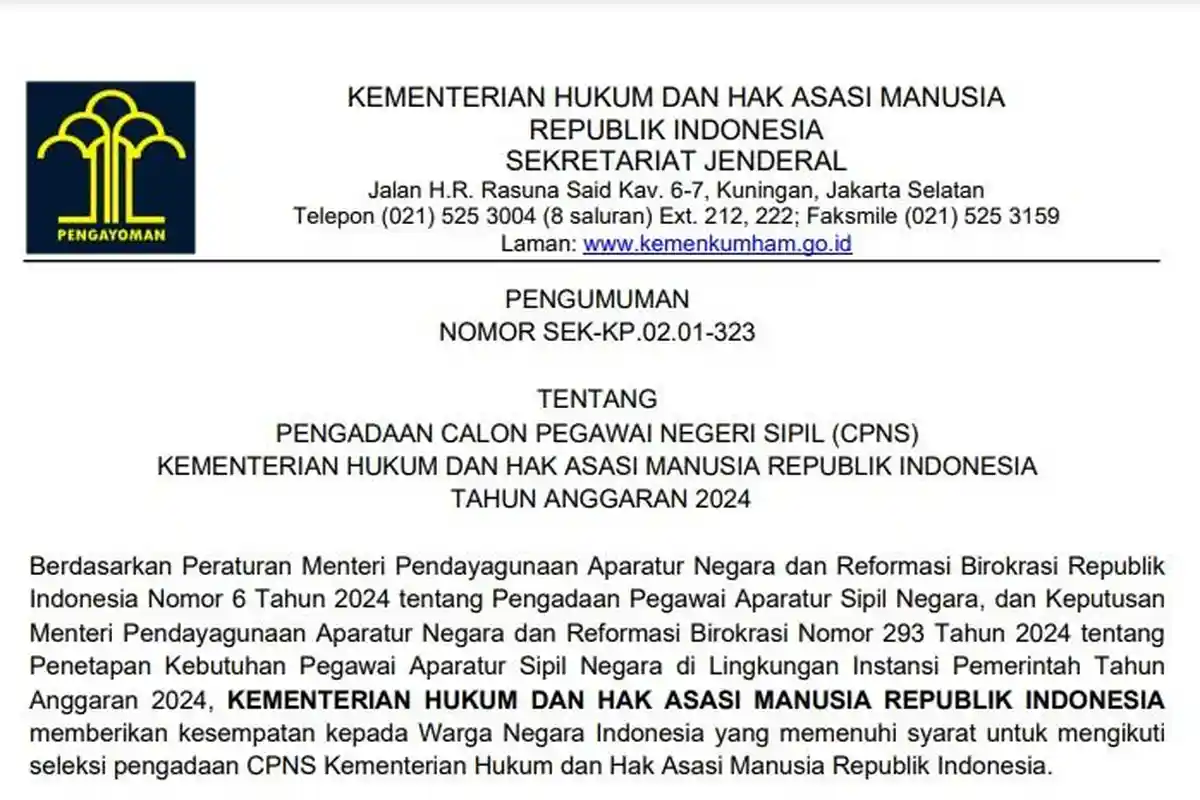 Link Download PDF Rincian 9.070 Formasi CPNS 2024 Kemenkumham sscasn.bkn.go.id