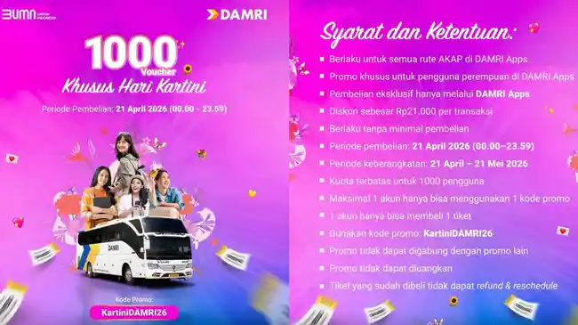 DAMRI Hadirkan Promo Hari Kartini 2026, Diskon Tiket Rp21.000, Cek Syarat dan Ketentuannya