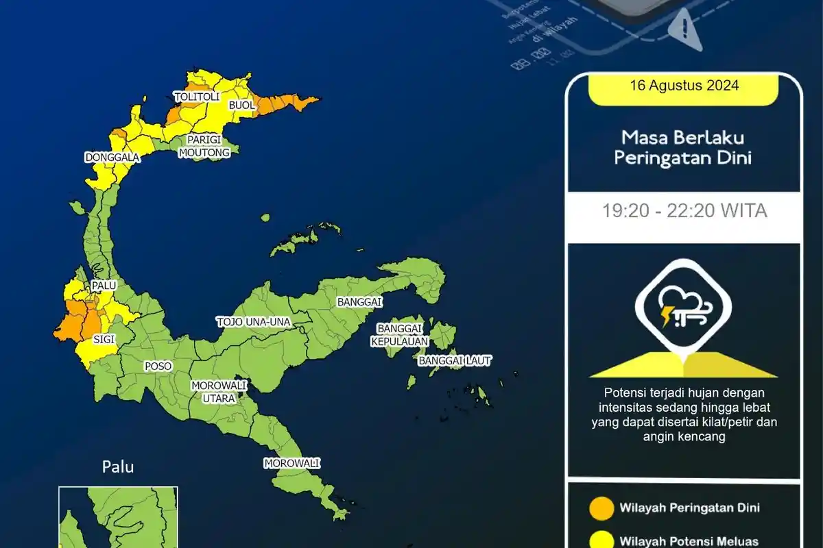 UPDATE Peringatan Dini Cuaca Sulteng Jumat 16 Agustus 2024 Pukul 19.20-22.20 WITA