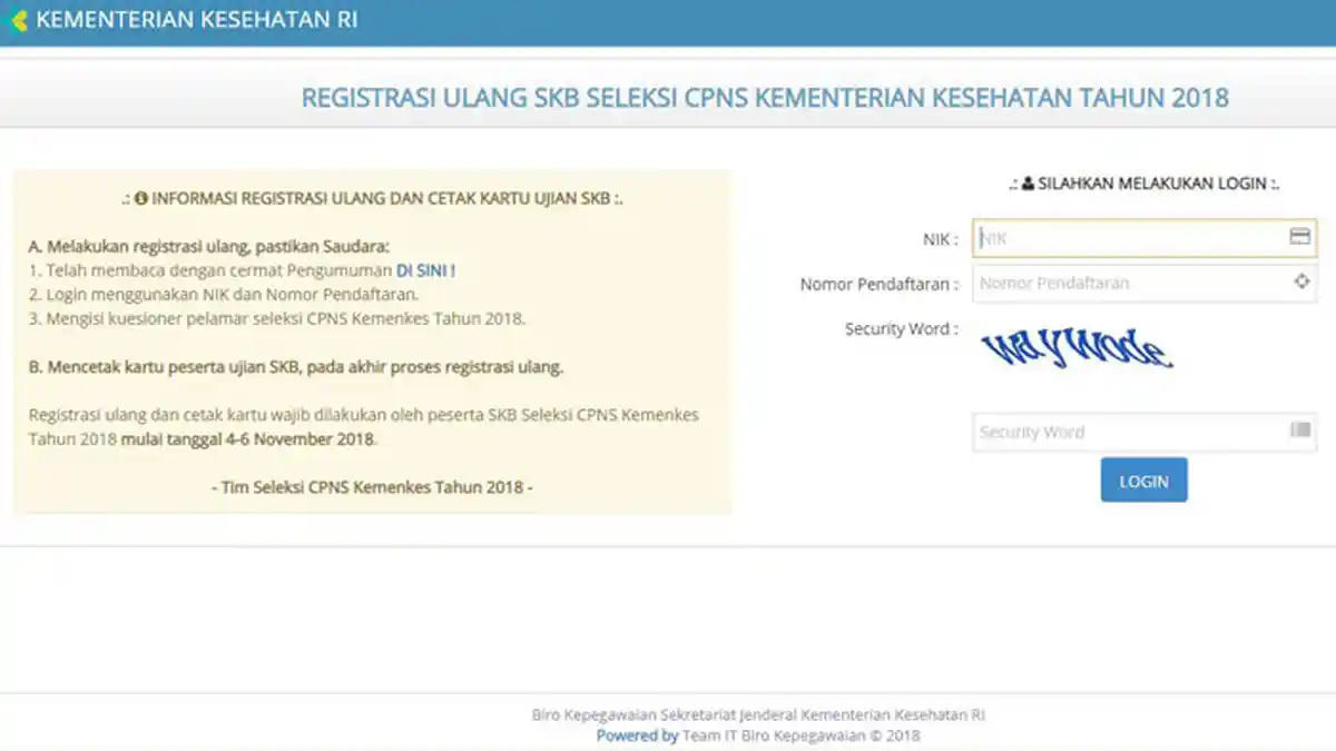 Registrasi Ulang SKB dan Cetak Kartu Ujian SKB CPNS Kemenkes 2018 via Regcpns.kemkes.go.id