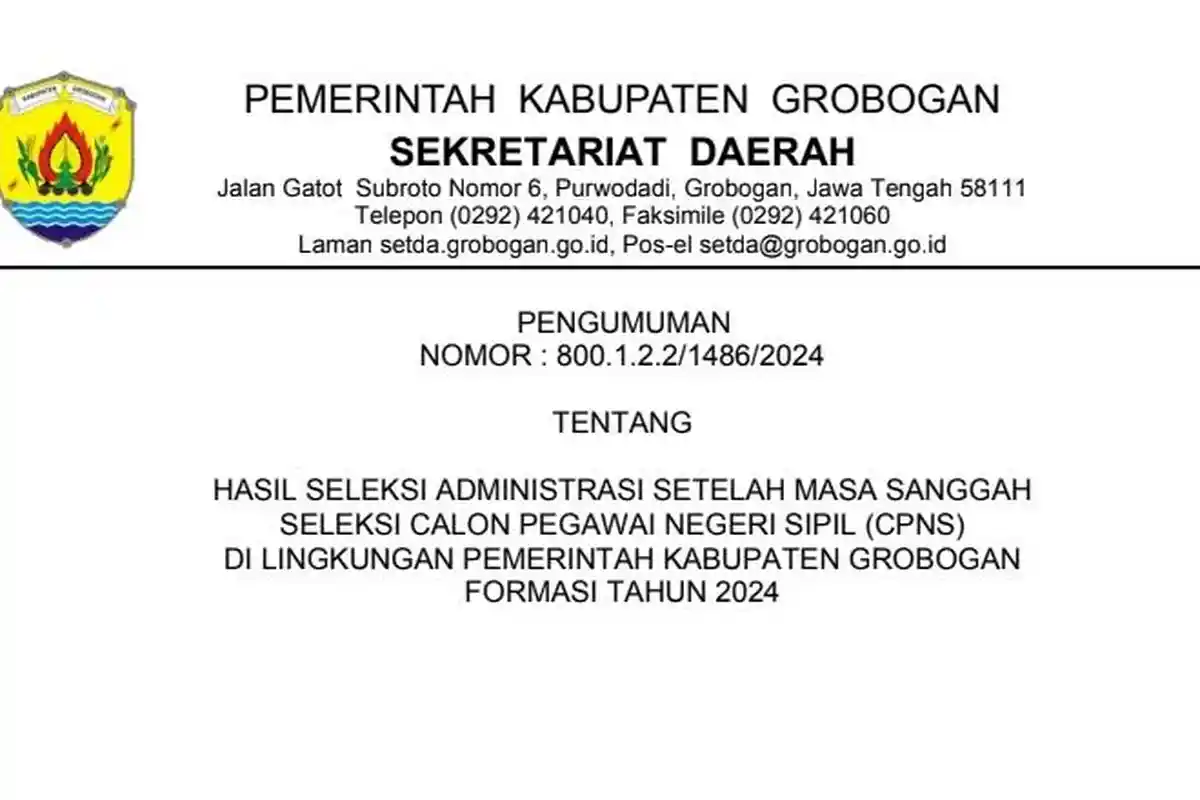 Link Download PDF Hasil Seleksi Administrasi CPNS 2024 Pemkab Grobogan Pasca Sanggah, 6 TMS Jadi MS