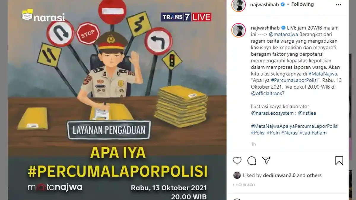 LIVE Trans7 Malam Ini, Mata Najwa Angkat Tema Layanan Pengaduan Sorot Tagar Percuma Lapor Polisi