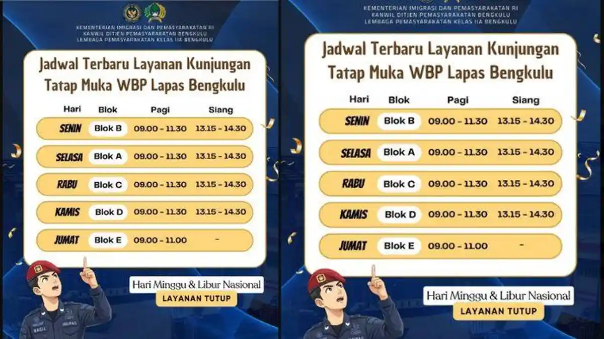 Jadwal Terbaru Layanan Kunjungan WBP Lapas Bengkulu Dibuka dari Senin -Jumat