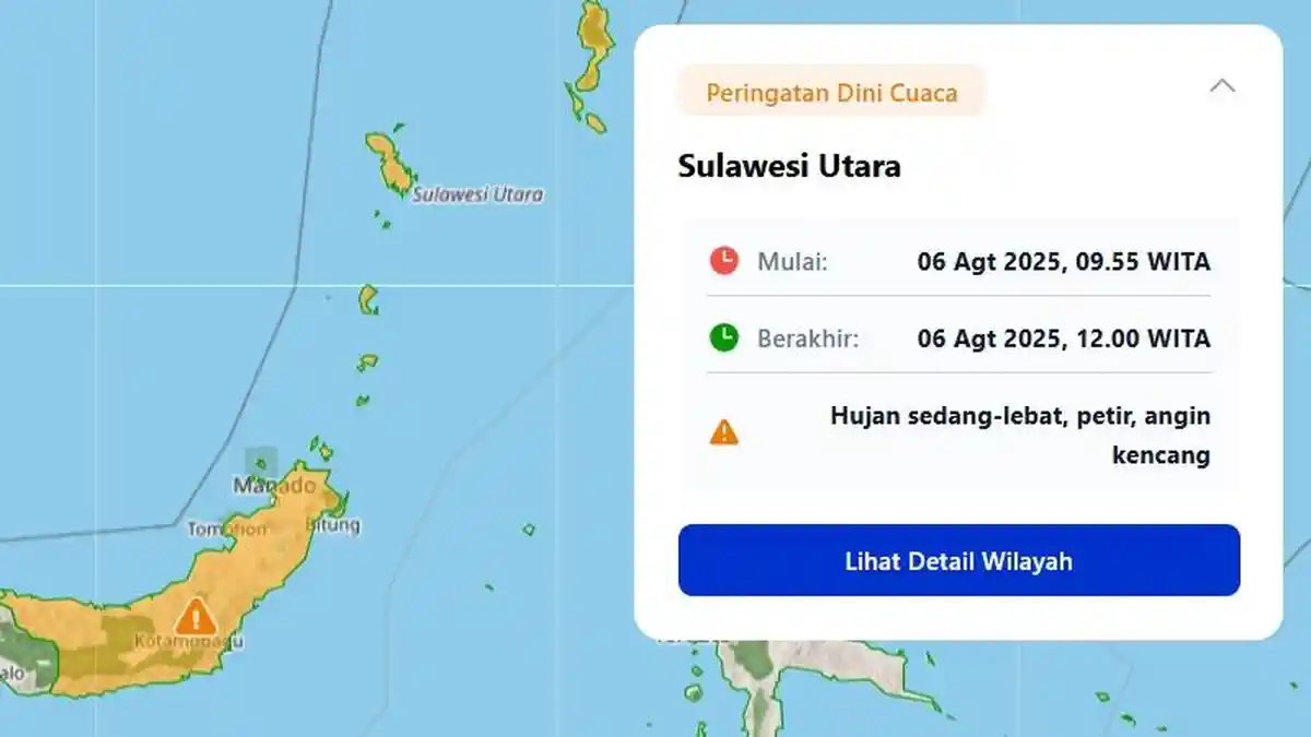 Peringatan Dini Cuaca di Sulut Rabu 6 Agustus 2025, Info BMKG Daerah Potensi Dilanda Hujan