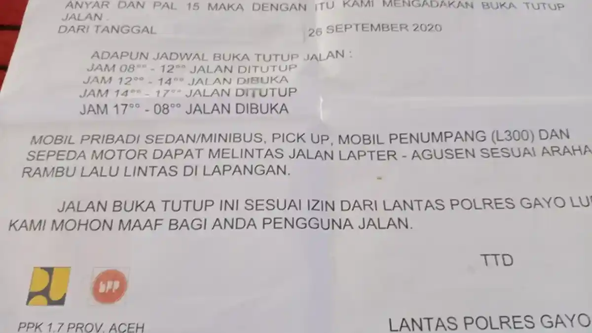 Jadwal Buka Tutup Jalan Lintas Blangkejeren - Kutacane Kembali Diperpanjang, Hingga 26 Desember 2020