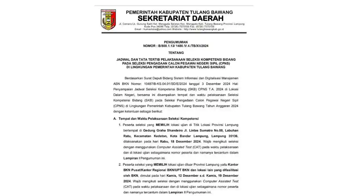 SKB CPNS di Pemkab Tulangbawang Dijadwalkan 18 Desember 2024