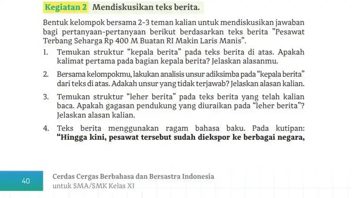 Kunci Jawaban Bahasa Indonesia Kelas 11 Halaman 40 Kurikulum Merdeka: Mendiskusikan Teks Berita