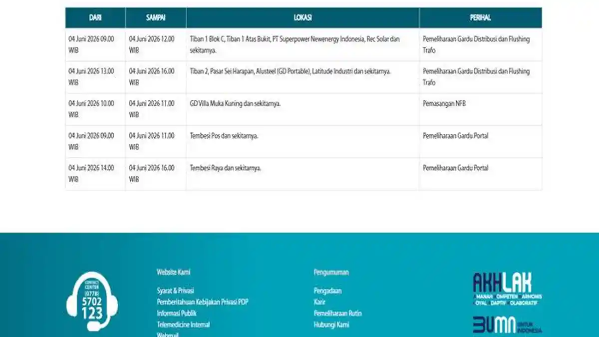 Jadwal Pemeliharaan Rutin PLN Batam Hari Ini, Kamis, 4 Juni 2026, Sasar PT Hingga Kawasan Industri