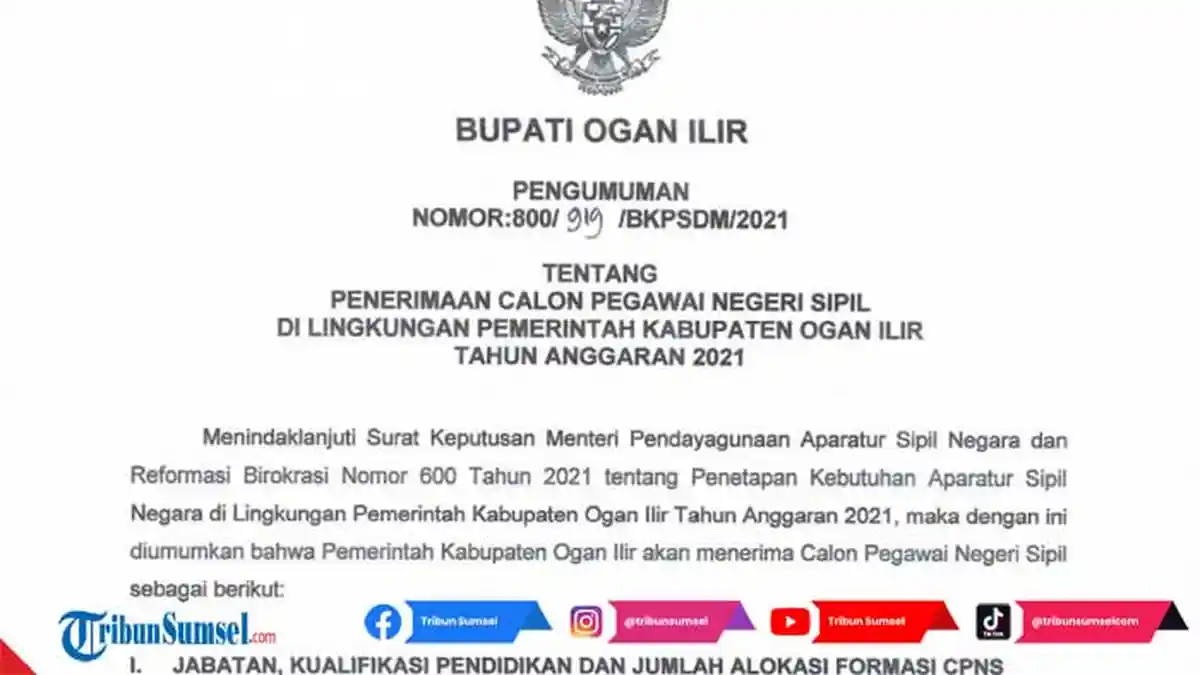 Link PDF Formasi CPNS 2021 Pemkab Ogan Ilir (OI) Lengkap dengan Alokasi dan Jumlah Kuotanya