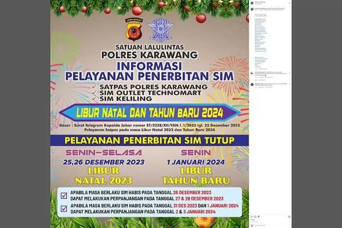 Layanan SIM Polres Karawang Diliburkan saat Libur Natal 2023 dan Tahun Baru 2024, Cek Ketentuannya