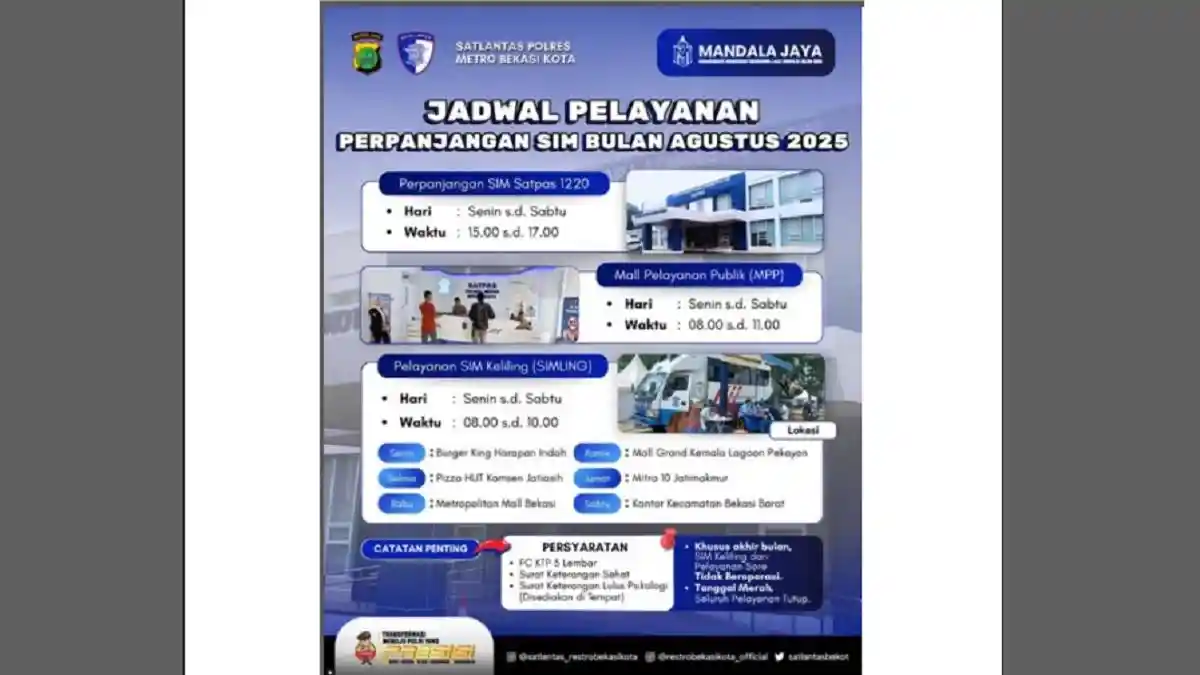 SIM Keliling Kota Bekasi, Kamis 14 Agustus 2025, Cek Lokasinya