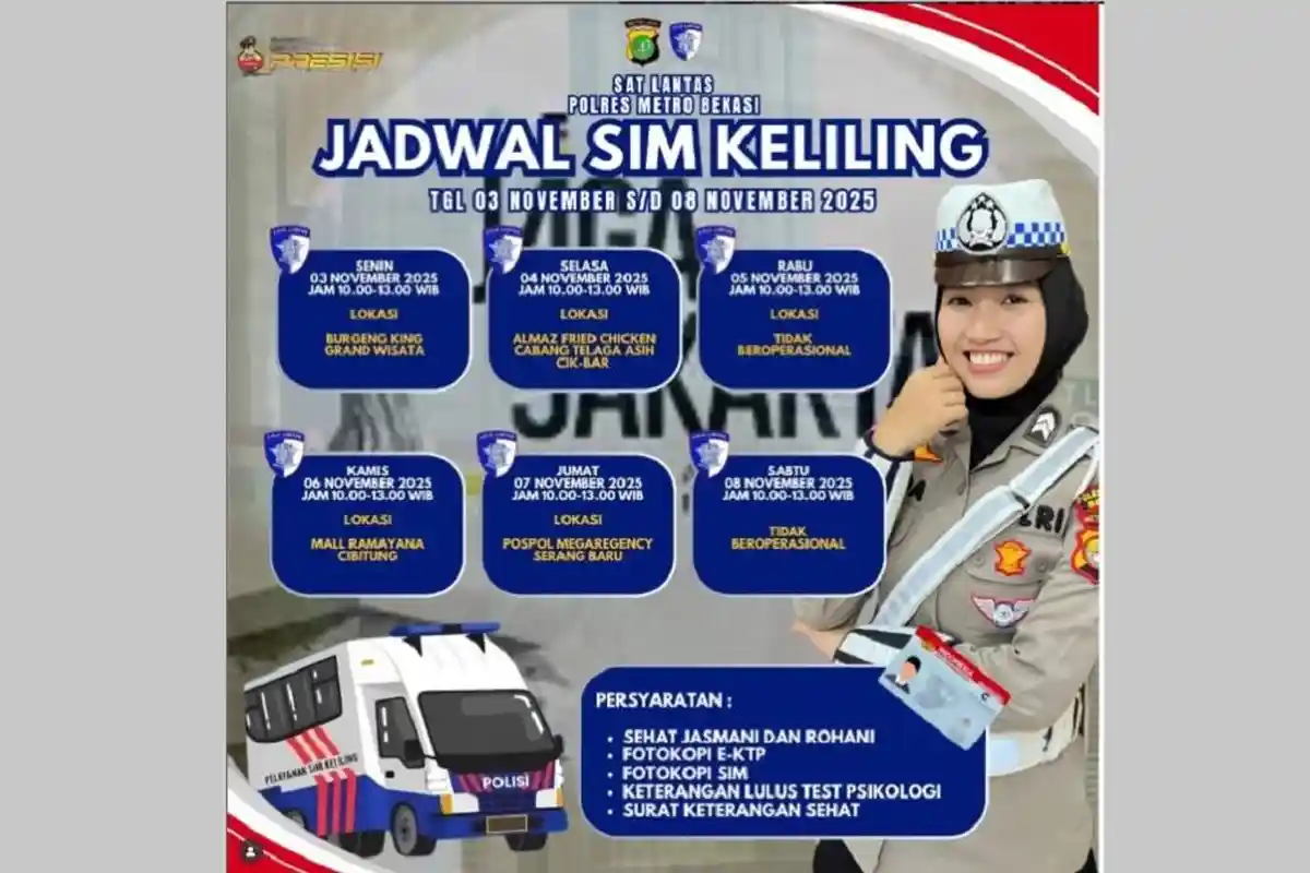 Lokasi SIM Keliling Kabupaten Bekasi Kamis Ini, 6 November 2025 di Cibitung