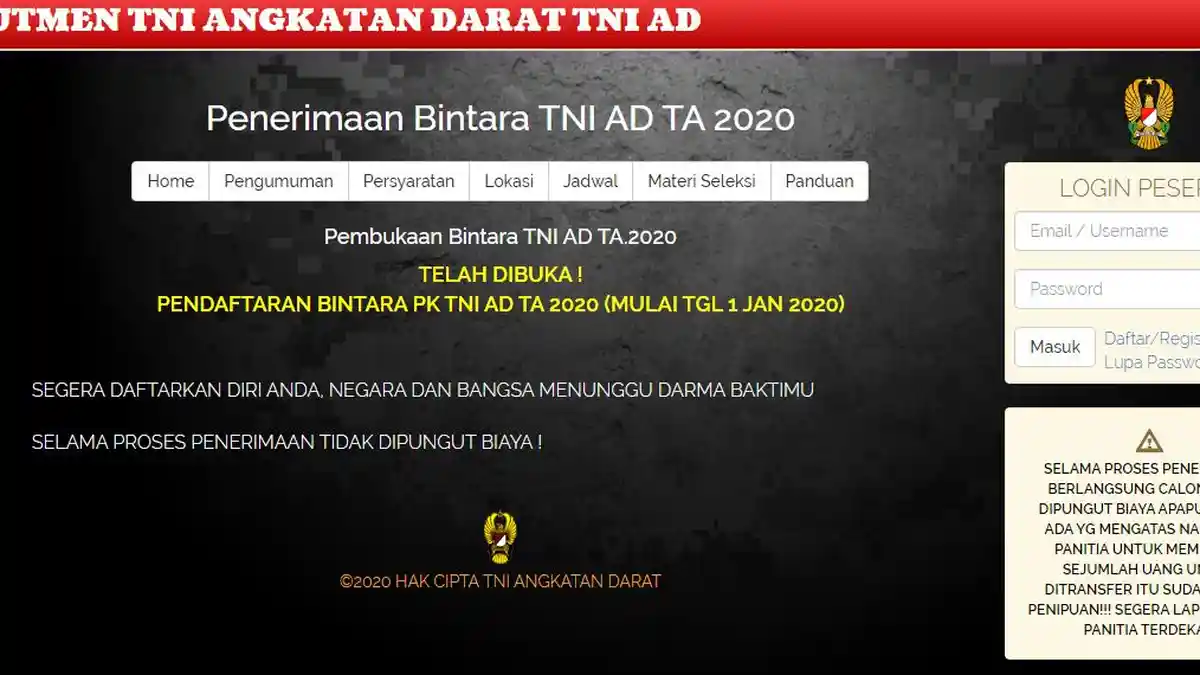 Pendaftaran Penerimaan Bintara TNI AD TA 2020 untuk Lulusan SMA/MA/SMK, Ini Link dan Syarat