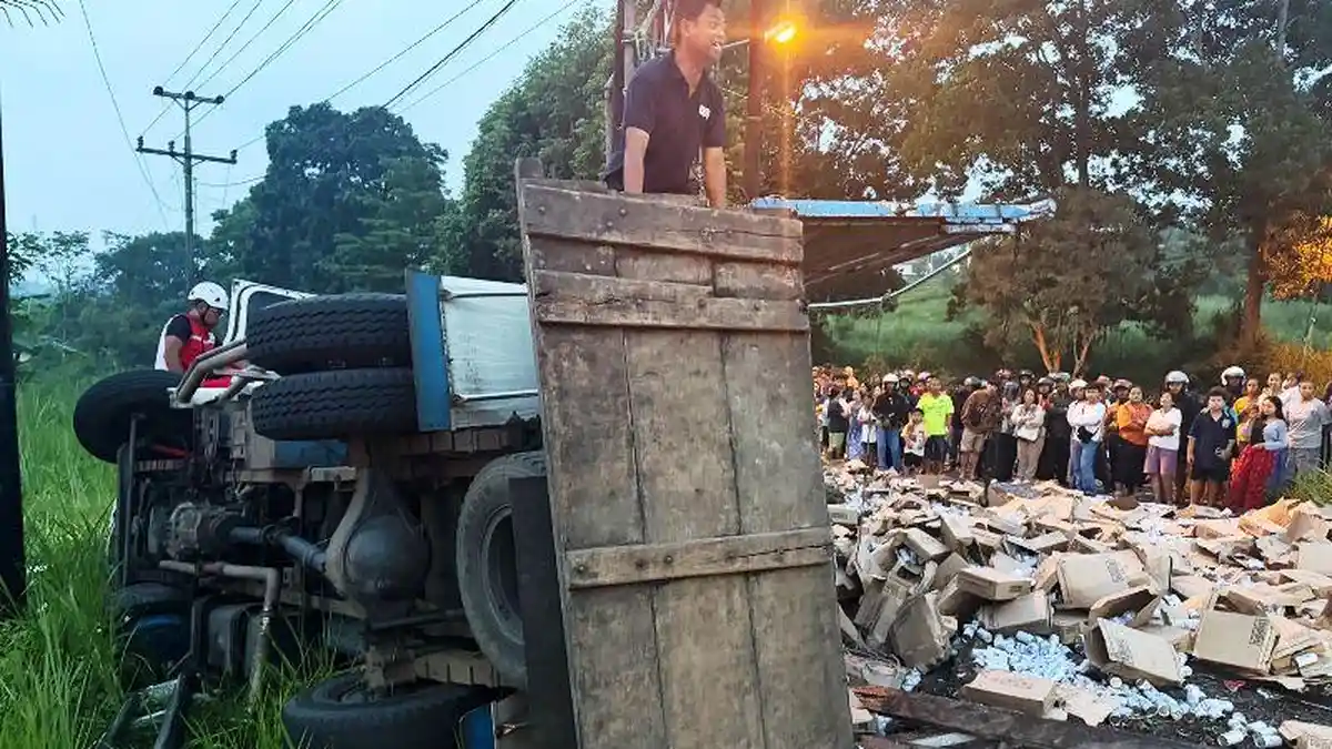 Truk Muatan Susu Terguling di JLS Salatiga, Rem Blong dari Kopeng Tabrak Pembatas Jalan