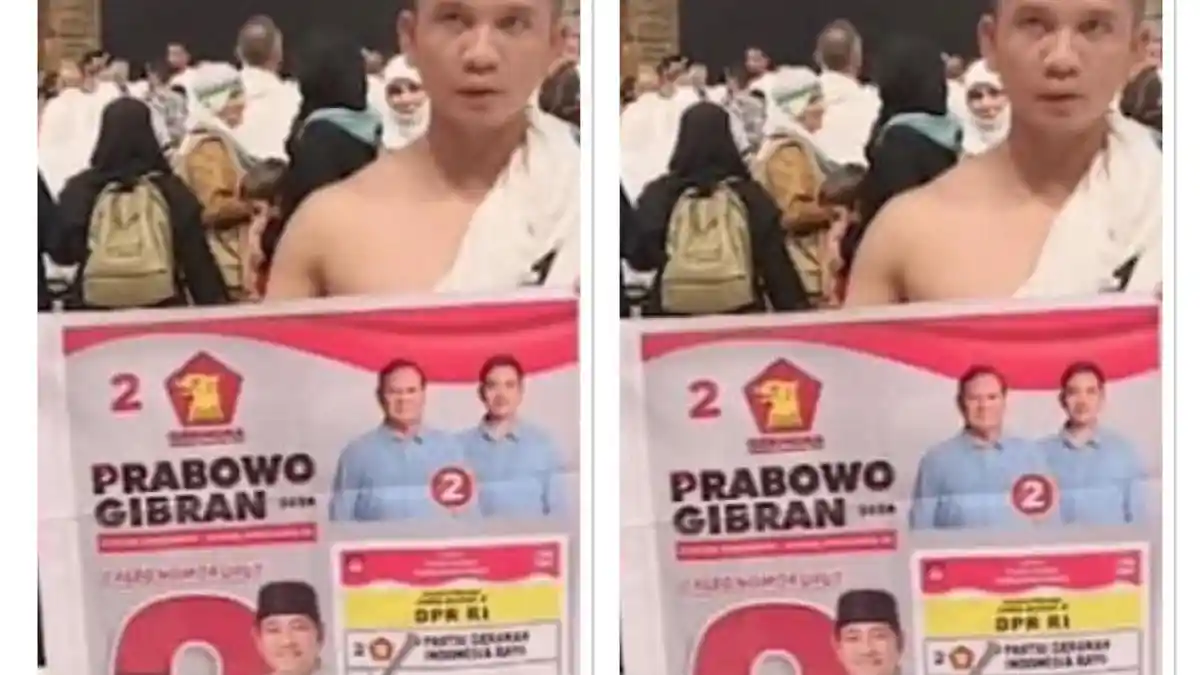 Diduga Lakukan Kampanye, Pria Bentangkan Baliho Prabowo-Gibran di Depan Kabah, Fotonya Viral