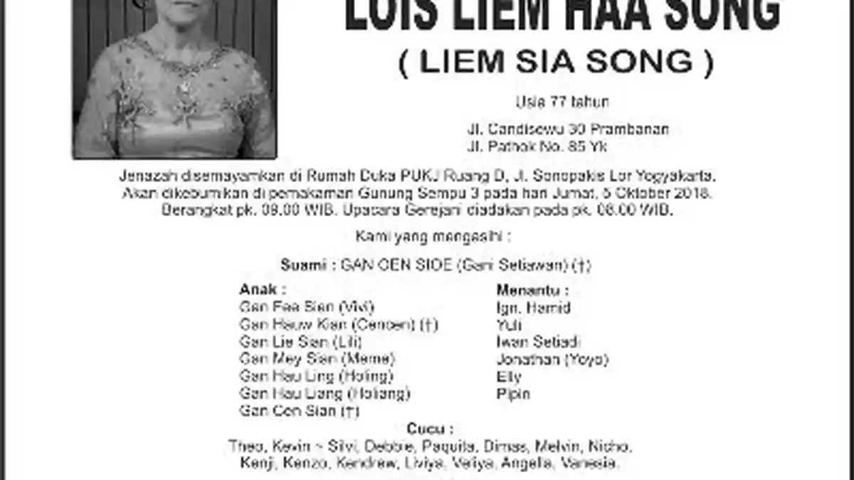 Berita Duka, Lois Liem Haa Song Meninggal Dunia