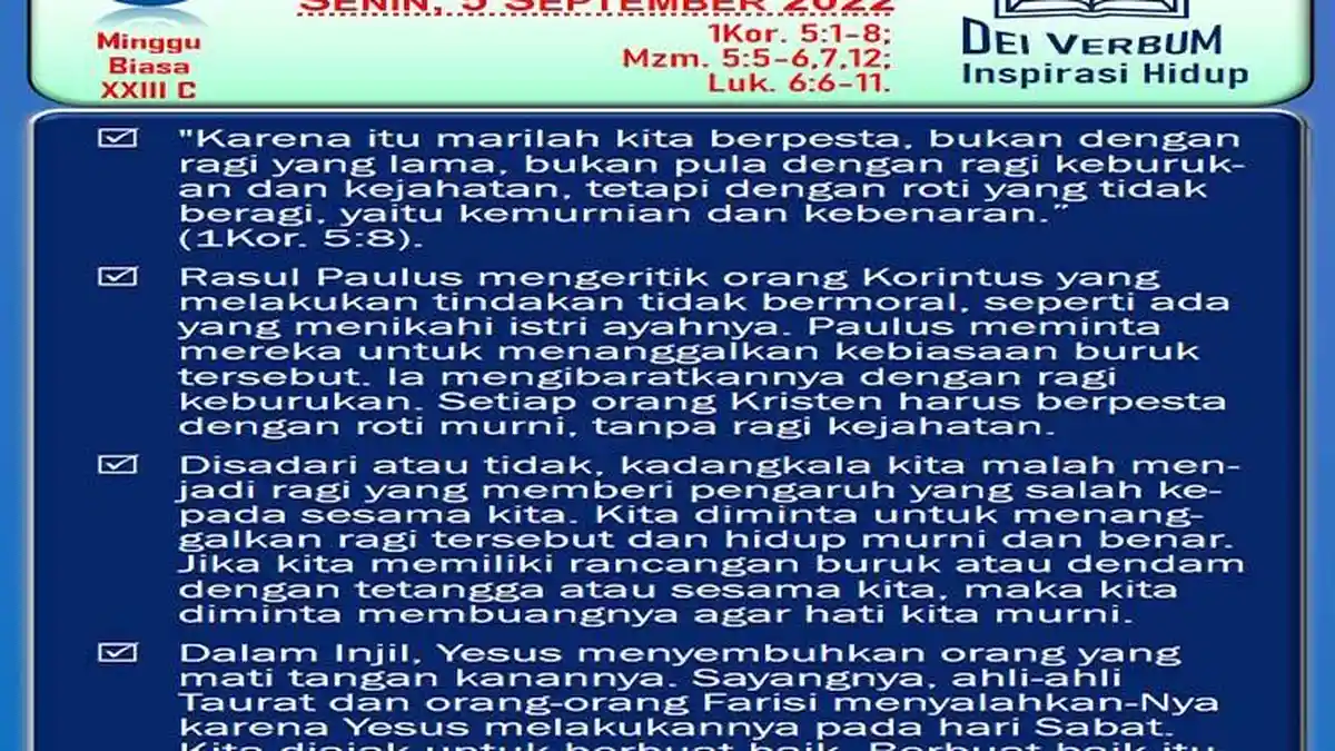 Bacaan Injil Katolik Hari Ini Senin 5 September 2022, Lengkap dengan Mazmur Tanggapan