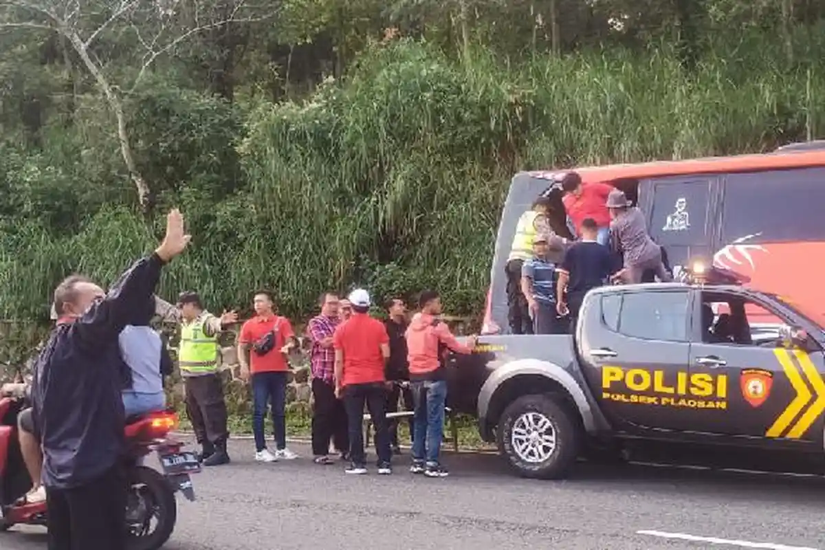 Antar Penumpang Berlibur ke Telaga Sarangan Magetan, Bus Rem Blong, Tabrakkan Kendaraan ke Tebing