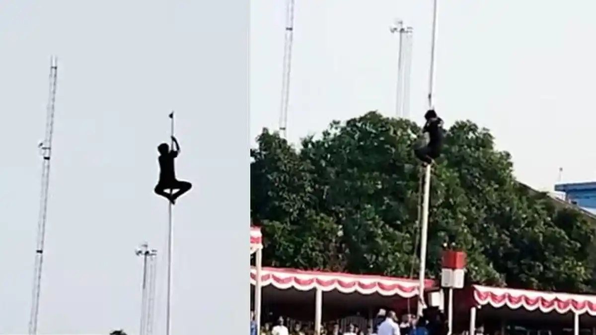 AKSI Heroik Pemuda di Ciputat, Panjat Tiang Bendera, Upayakan Merah Putih Berkibar 'Merinding Lo'