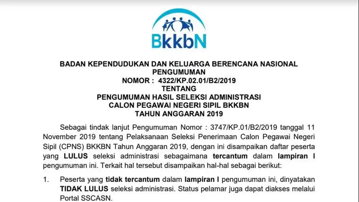 BKKBN Umumkan Hasil Seleksi Administrasi CPNS 2019, Cek Nama Anda di Sini!