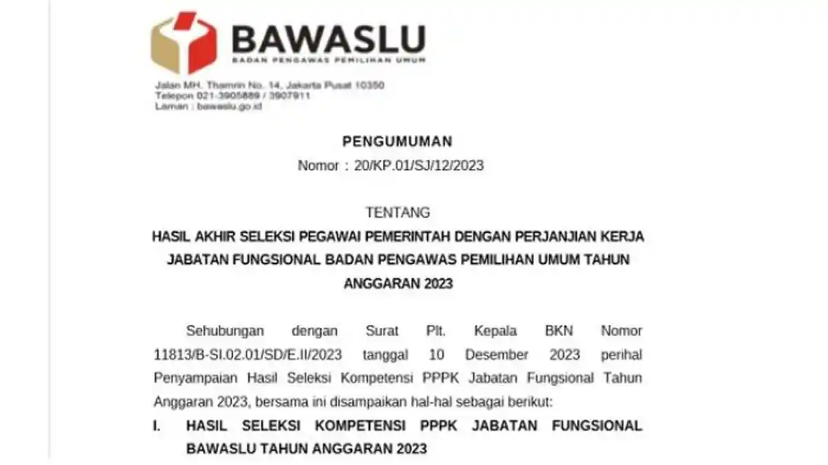 Link Pengumuman Hasil Akhir PPPK Bawaslu 2023 dan Syarat Dokumen Pengisian DRH