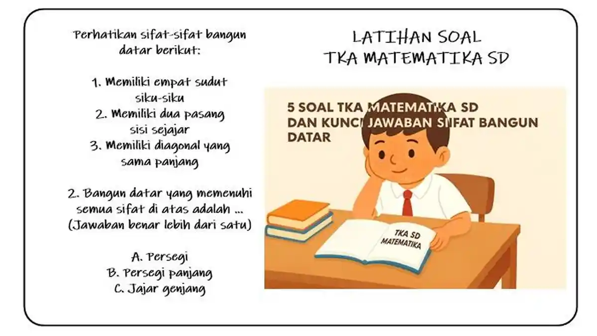 5 Latihan Soal TKA Matematika SD dan Kunci Jawaban Sifat Bangun Datar