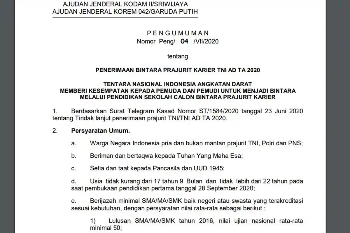 BUKA Penerimaan Bintara TNI AD TA 2020 untuk Lulusan SMA/MA/SMK, Batas 28 Agustus
