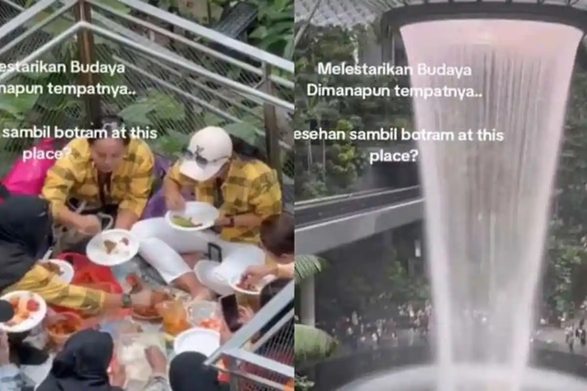 Berasa Rumah Sendiri, Geng Emak-emak Asyik Makan Lesehan di Bandara Singapura, Bawa Ulekan dan Cobek