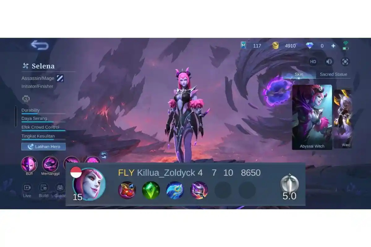 Rekomendasi Item dan Laning Phase Selena: Licin dan Mematikan.