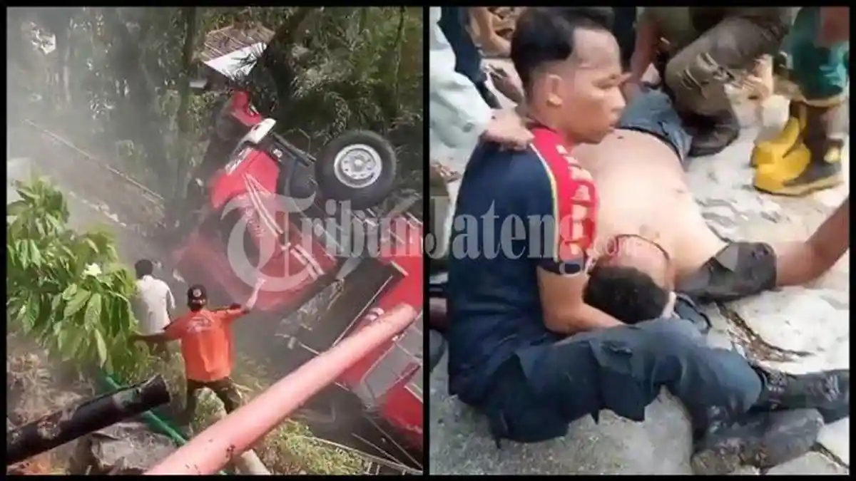 Detik-detik Kecelakaan Mobil Damkar Terjungkal, Orang-orang Berlarian Menolong