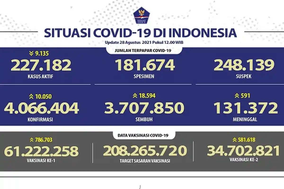 UPDATE Covid-19 Indonesia 28 Agustus 2021: 18.594 Pasien Sembuh, 10.050 Orang Positif, 591 Meninggal