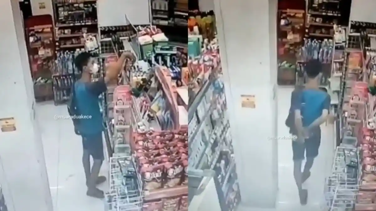 Terekam CCTV Seorang Pria Mengutil di Alfamart Muaradua OKU Selatan, Saku Celananya Penuh