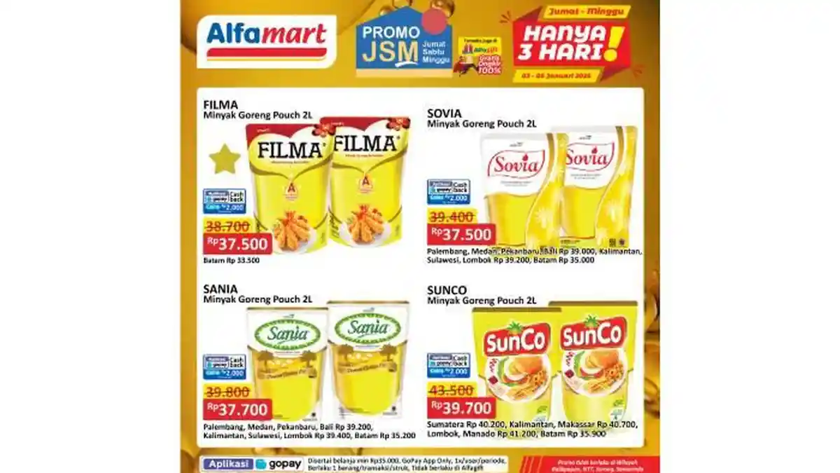 HARGA Minyak Goreng di Promo JSM Alfamart, Superindo dan Hypermart, Migor 2L Filma dan Sovia Diskon