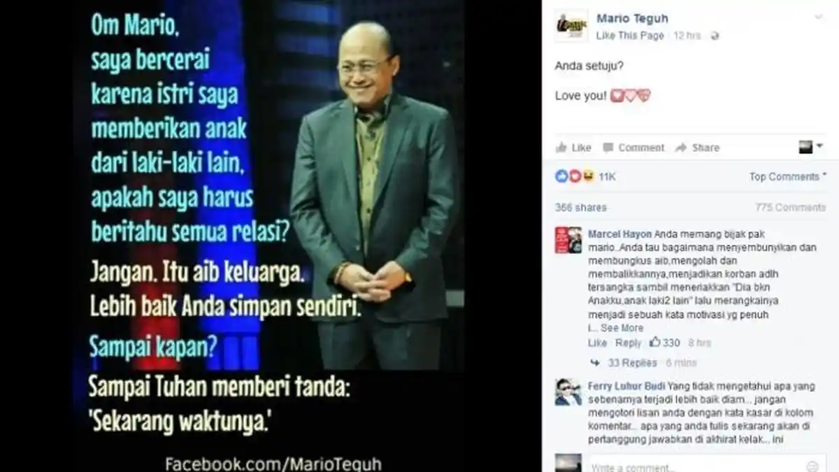 Terkait Postingan Mario Teguh, Netizen: Bijaksana Pak Mario Ternyata Hanya Di Mulut