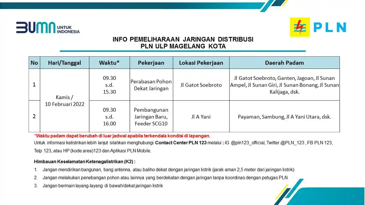 Info Pemeliharaan Jaringan Listrik PLN ULP Magelang Kota Kamis 10 Februari 2022