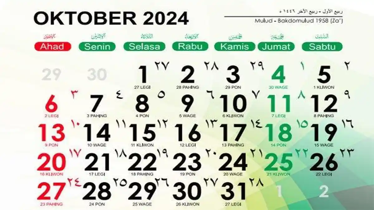 Kalender 2024 Bulan Oktober Ada 4 Tanggal Merah, Simak Daftar Weton dan Penanggalan Jawa