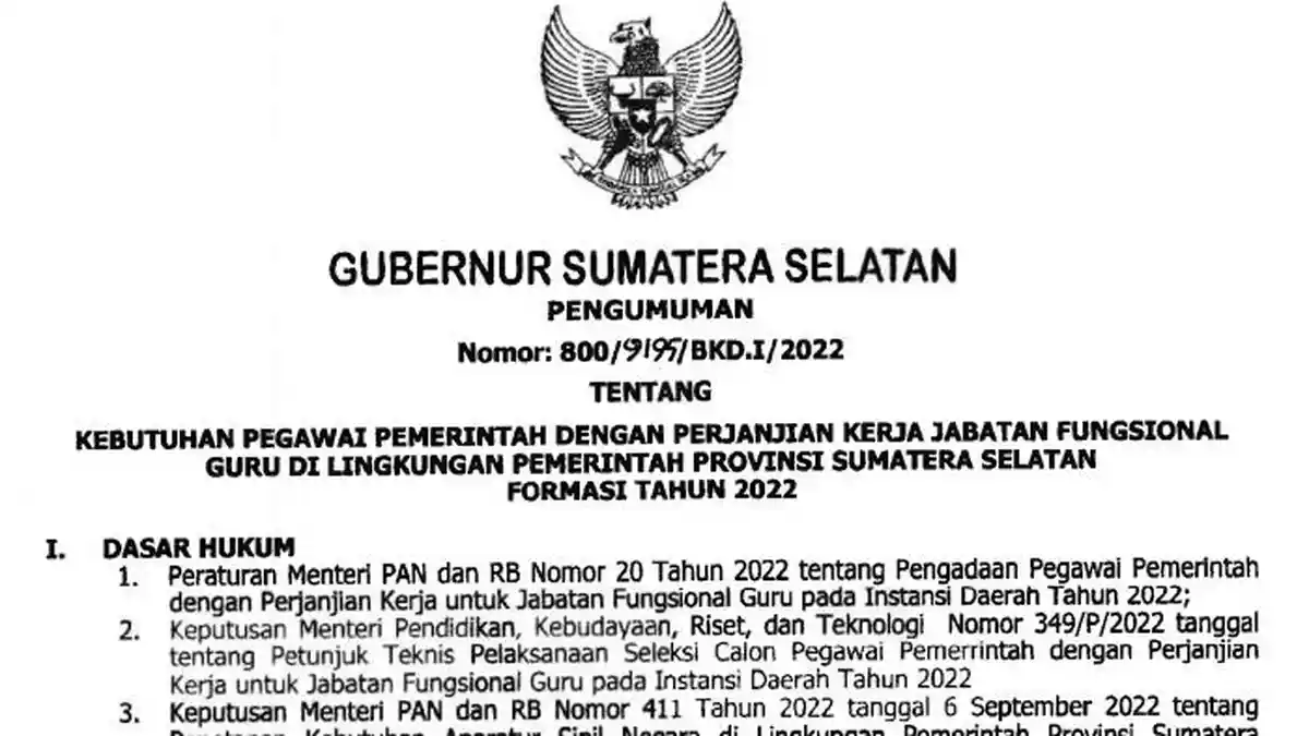 LINK PDF Formasi Kebutuhan PPPK Guru Tahun 2022 Provinsi Sumatera Selatan