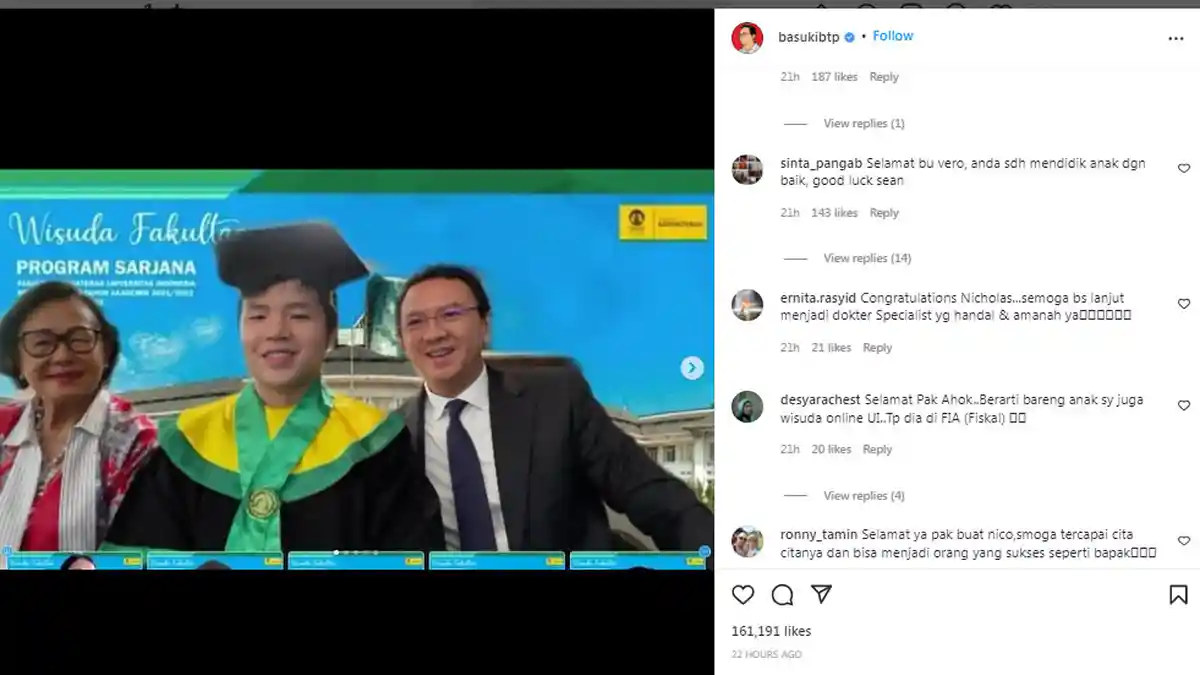 Ahok BTP Unggah Foto Dampingi Nicholas Sean Wisuda Kedokteran UI, Sosok Ini Malah Puji Veronica Tan