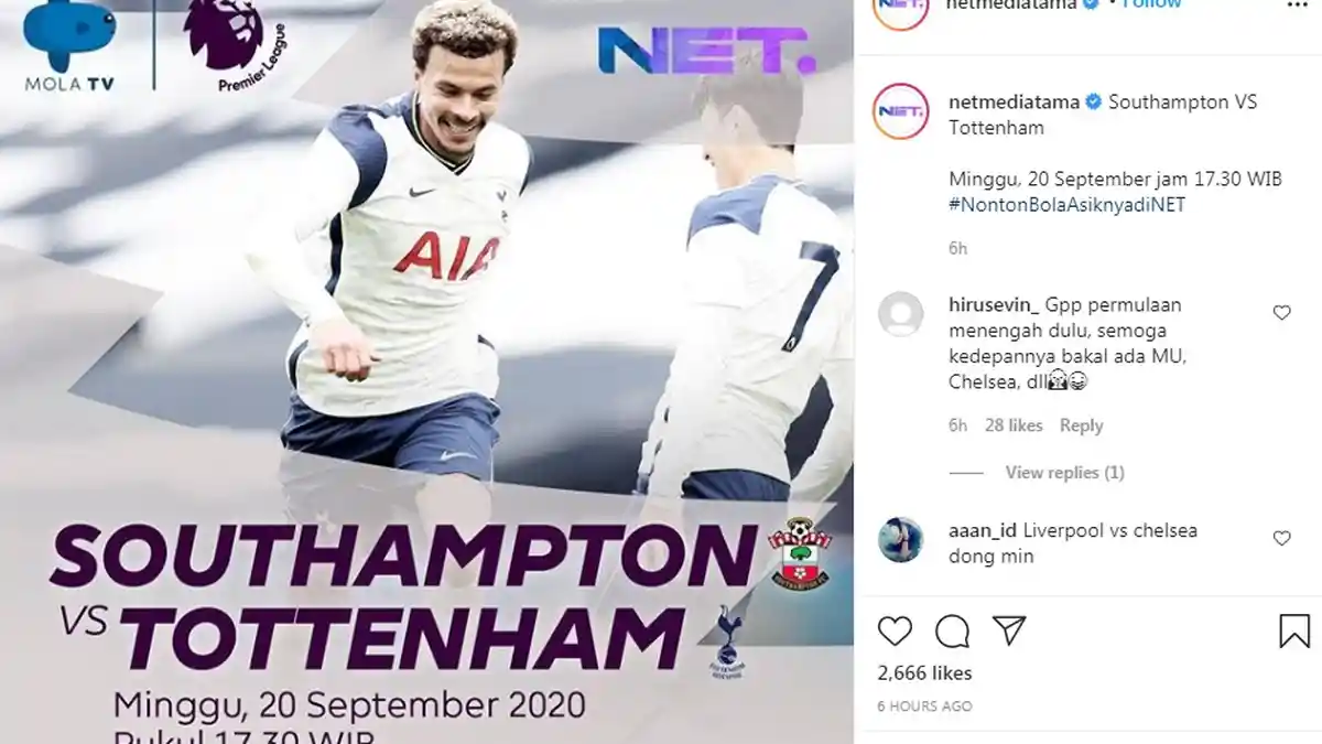 Live Streaming Net TV Southampton dan Tottenham Hotspur, Duel Tim Terluka, Spur DIharapkan Bangkit