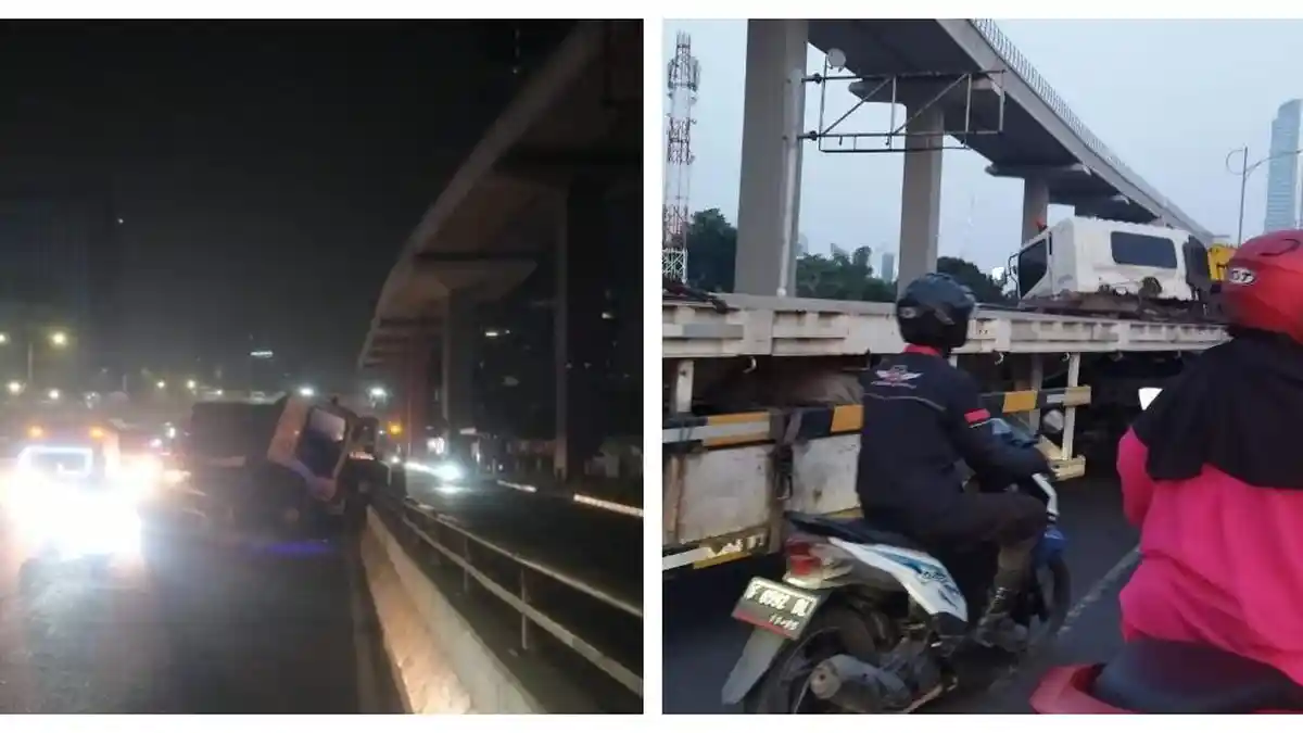 Kecelakaan Hari Ini di Fly Over Kuningan Jalan MT Haryono: Truk Terguling, Lalu Lintas Padat