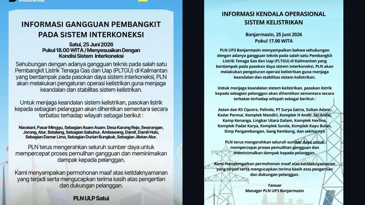 Jadwal Pemadaman Listrik Banjarmasin Hingga Tanahlaut Kamis 25 Juni 2026, Cek Wilayah yang Terdampak - Banjarmasinpost.co.id
