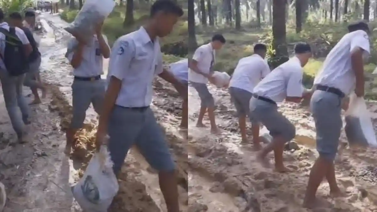 Jalan ke Sekolah Rusak dan Berlumpur, Siswa SMK di Labusel Inisiatif Bawa Batu untuk Tempel Jalan