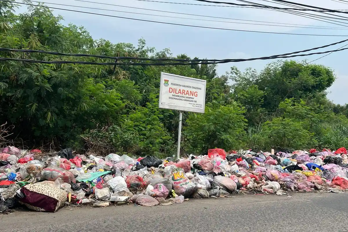 Tumpukan Sampah Tak Jauh dari Kantor Desa Belimbing Kabupaten Tangerang Timbulkan Bau Busuk