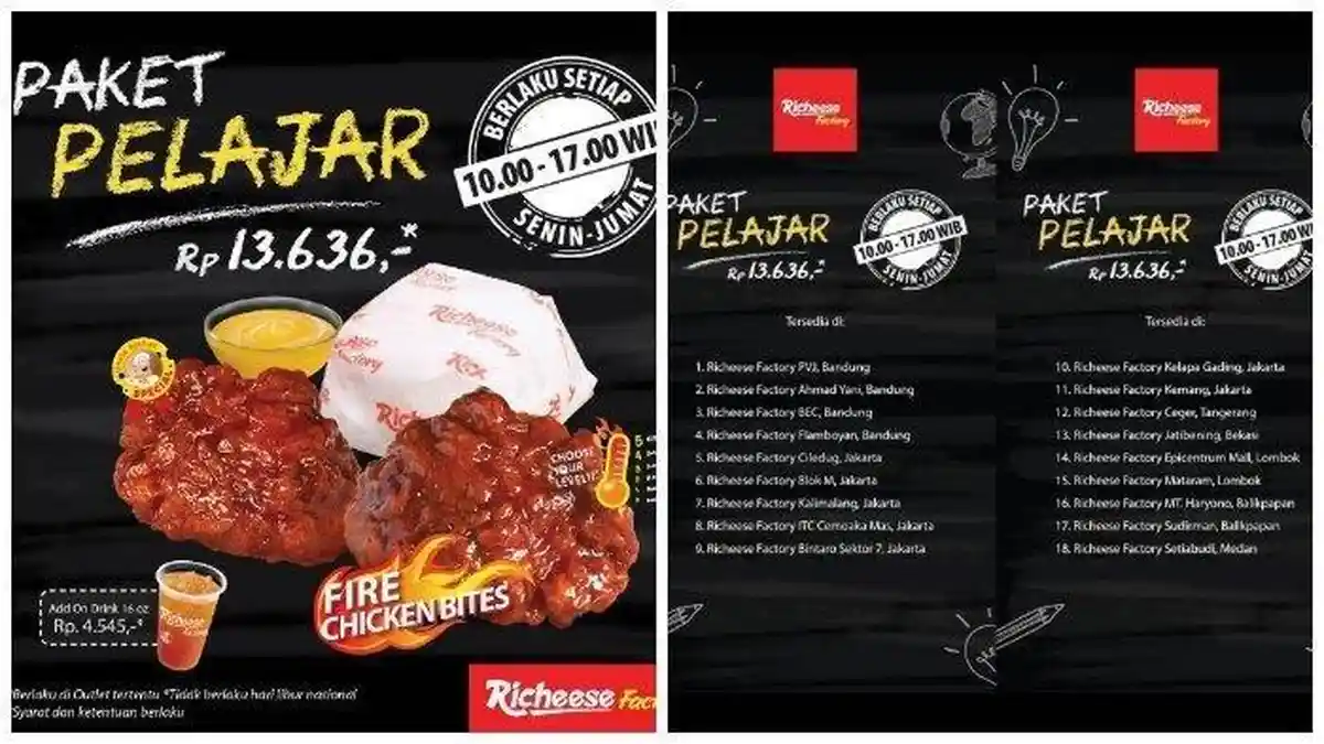 Promo Spesial Richeese Factory  Bagi Pelajar, Mahasiswa dan Karyawan Hanya Rp 13.636