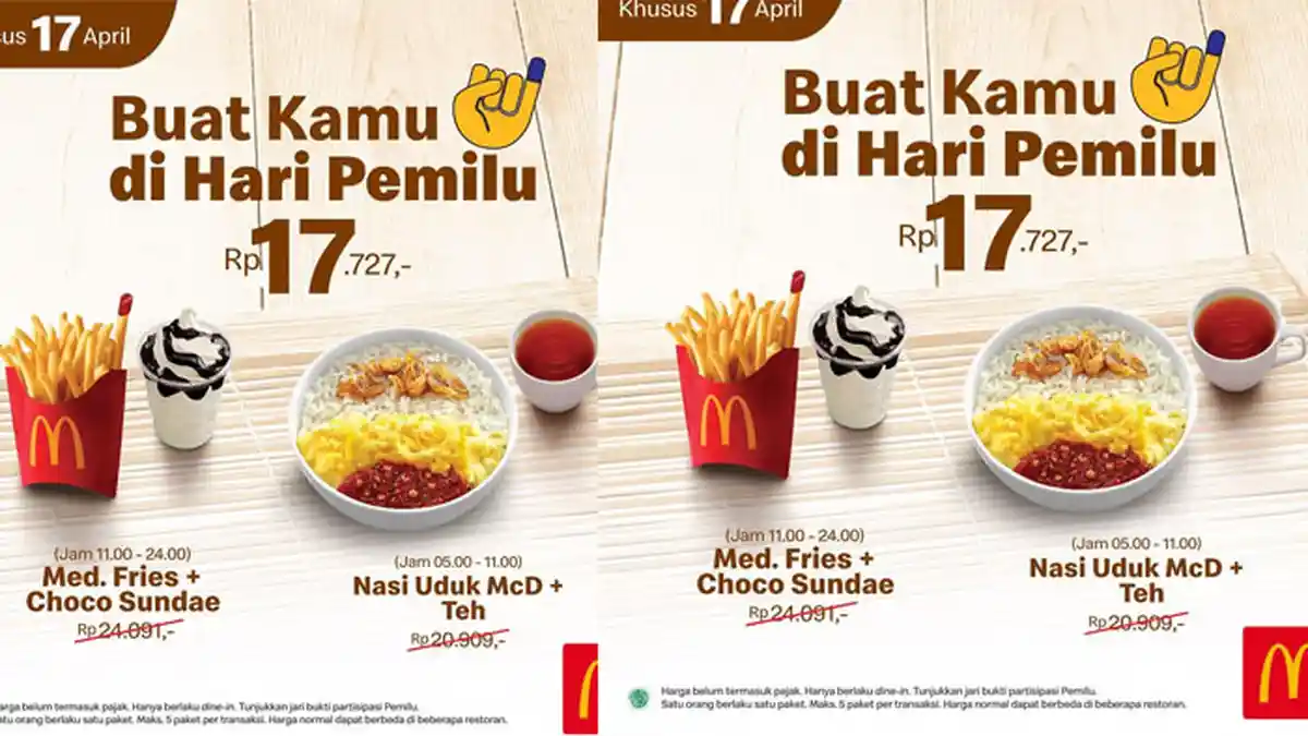Promo Pemilu 2019 McDonalds Diskon 2 Menu Andalan, Khusus Berlaku 17 April 2019, Pastikan Nyoblos!