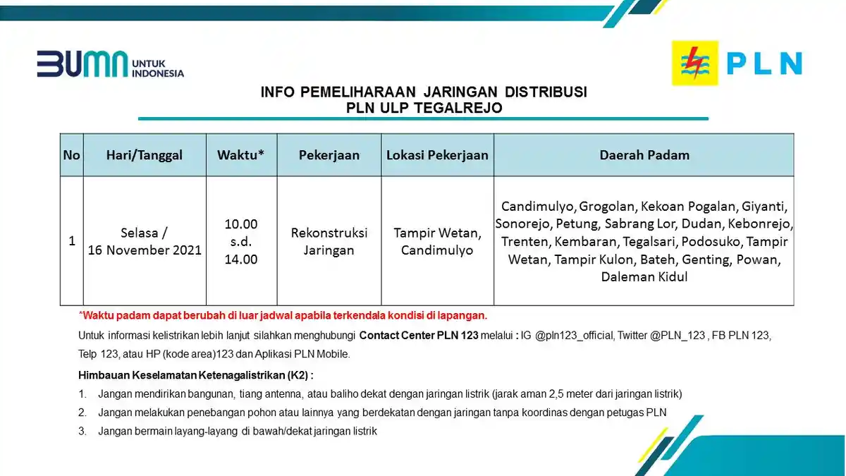 Info Pemeliharaan Jaringan Listrik PLN ULP Tegalrejo Magelang Selasa 16 November 2021