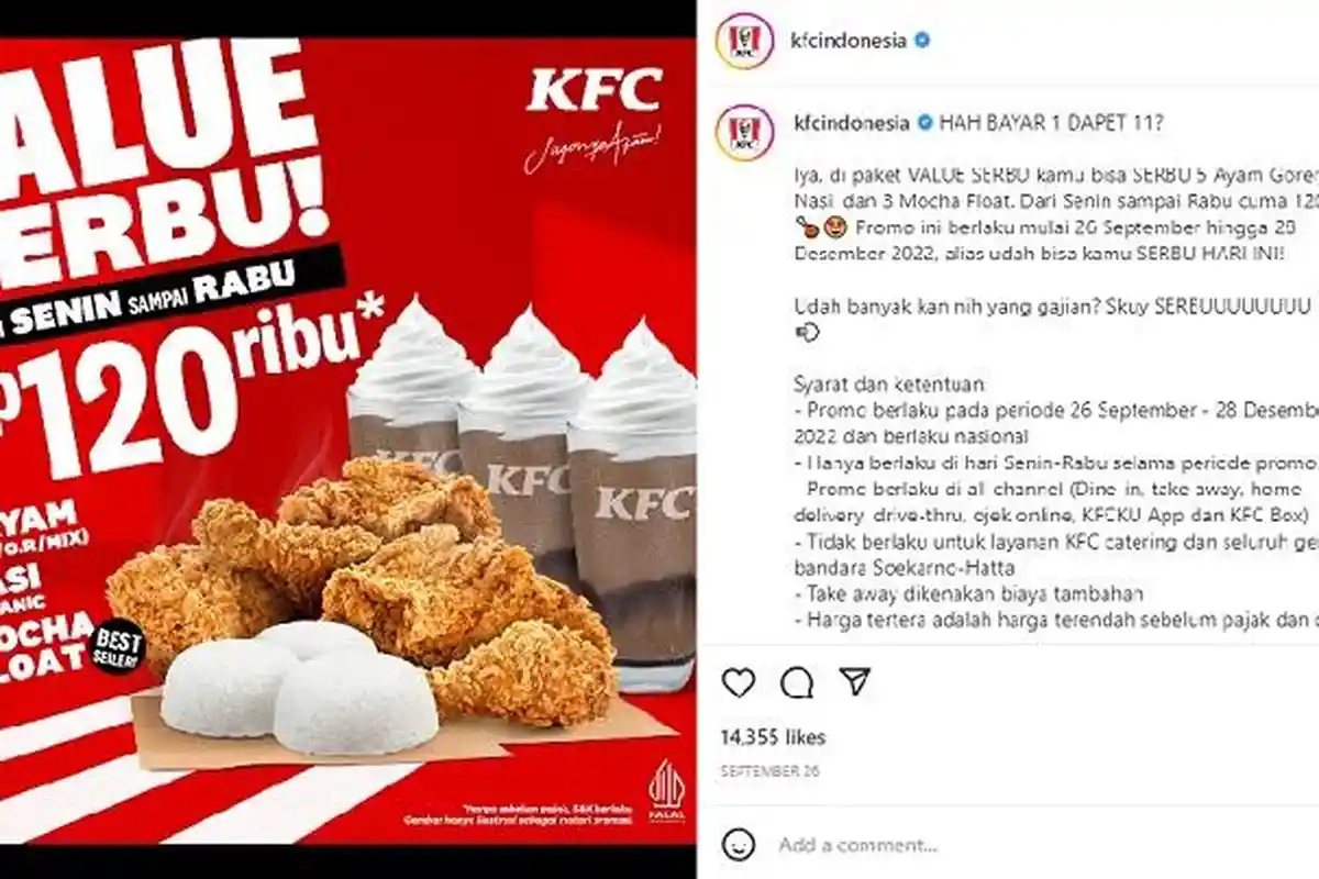 Promo KFC Hari Ini Periode 24 - 26 Oktober 2022, Dapatkan Paket Value Serbu, Cuma Bayar Rp 120 Ribu
