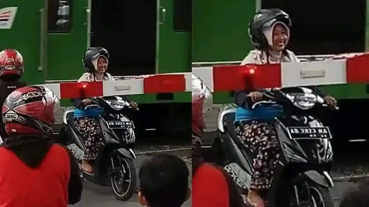 Viral Foto Emak-emak Nekat Terobos Palang Kereta Api, Ekspresi Santainya Berhasil jadi Sorotan